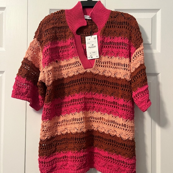 Zara Women's V-Neck Sweater - Pink and Brown - Picture 1 of 2
